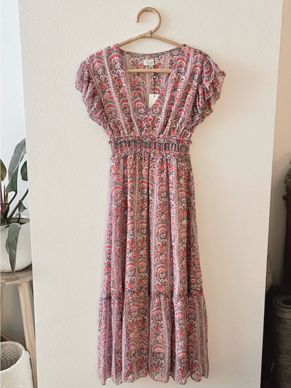 Molly Bracken Pink Floral Maxi Dress with Smocked Waist